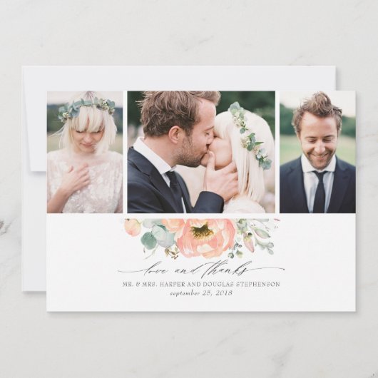 Peach Floral Wedding 3 foto's Bedankkaart (Voorkant)