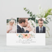 Peach Floral Wedding 3 foto's Bedankkaart (Staand voorkant)