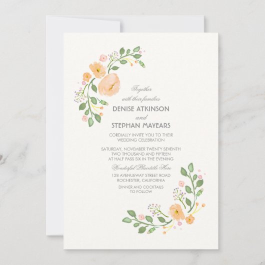 Peach Floral Wedding Invitation Kaart (Voorkant)