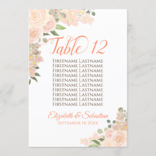Peach Floral Wedstrijding Table Number & Names Lar