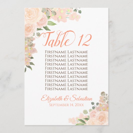 Peach Floral Wedstrijding Table Number & Names Lar (Voorkant)