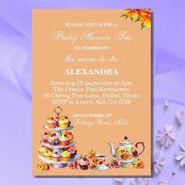 Peach Floral Whimsical Tea Baby shower Kaart