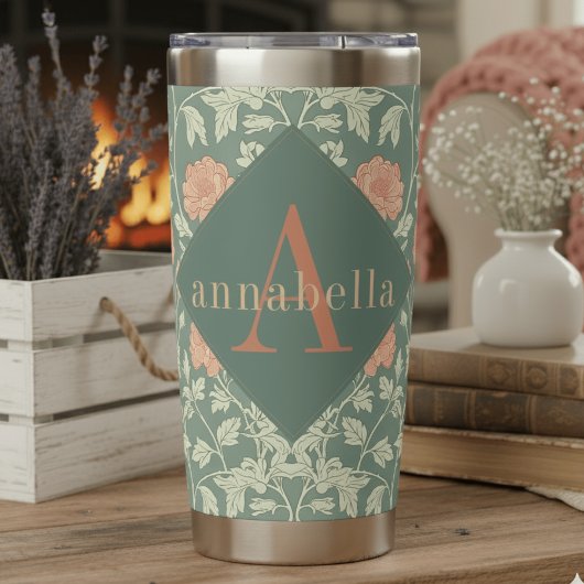 Peach Floral William Morris Elegant Monogram Geïsoleerde Drinkbeker
