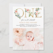 Peach Florals Faux Gold Foil First Birthday Foto Kaart (Voorkant)