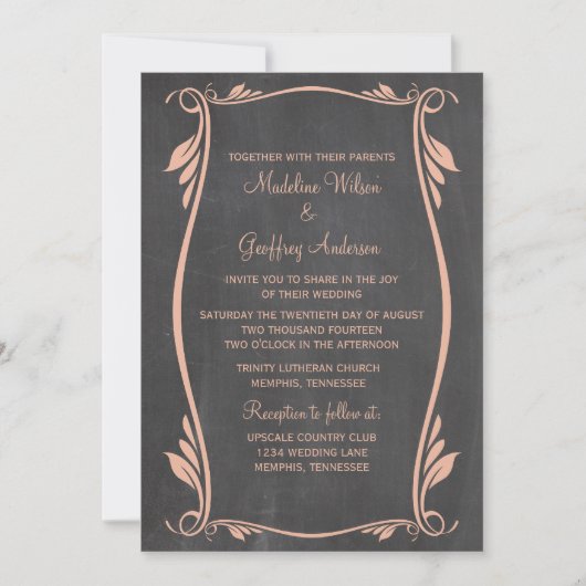 Peach Flourish Chalkboard Wedding Invite Kaart (Voorkant)