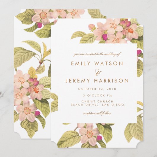 Peach  Flower Blossom Wedding Invitation Kaart (Voorkant / Achterkant)