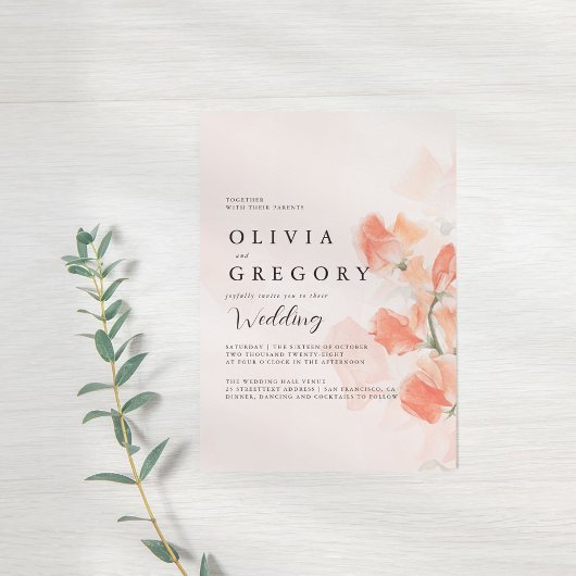 Peach Flower Simple Elegant Wedding Kaart