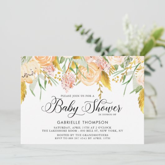 Peach Flowers and Gold Leaves Baby shower Kaart (Staand voorkant)