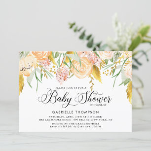 Peach Flowers and Gold Leaves Baby shower Kaart