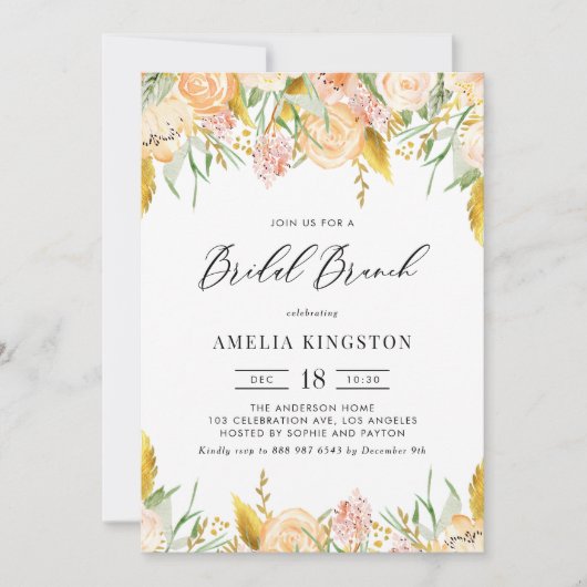 Peach Flowers and Gold Leaves Bridal Brunch Kaart (Voorkant)