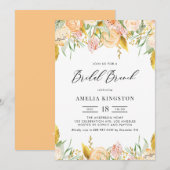Peach Flowers and Gold Leaves Bridal Brunch Kaart (Voorkant / Achterkant)