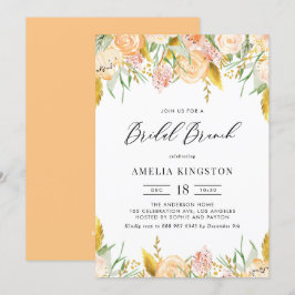 Peach Flowers and Gold Leaves Bridal Brunch Kaart