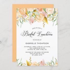 Peach Flowers and Gold Leaves Bridal Luncheon Kaart