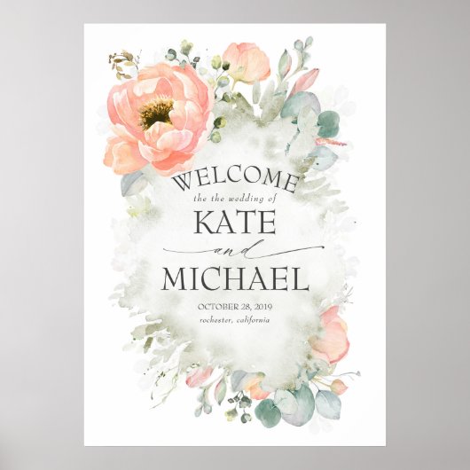 Peach Flowers and Greenery Wedding Welcome Poster (Voorkant)