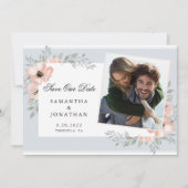 Peach Flowers Dusty Blue Photo Save The Date (Voorkant)