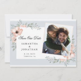 Peach Flowers Dusty Blue Photo Save The Date