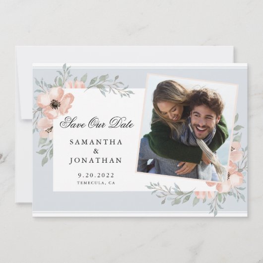 Peach Flowers Dusty Blue Photo Save The Date (Voorkant)