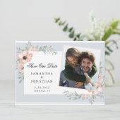 Peach Flowers Dusty Blue Photo Save The Date (Staand voorkant)