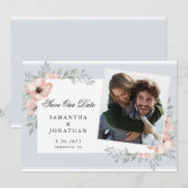 Peach Flowers Dusty Blue Photo Save The Date (Voorkant / Achterkant)