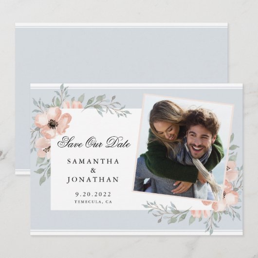 Peach Flowers Dusty Blue Photo Save The Date (Voorkant / Achterkant)
