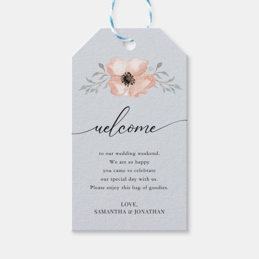 Peach Flowers Dusty Blue Weddenschap Welcome Gift Cadeaulabel (Voorkant)