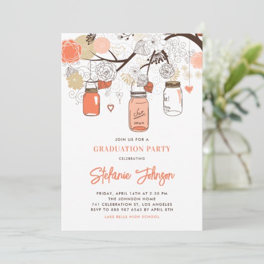 Peach Flowers en Mason Jars Graduation Party Kaart (Staand voorkant)