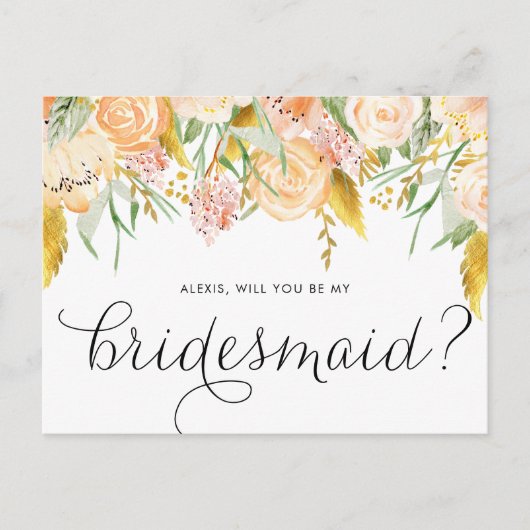 Peach Flowers Gold Foil zal je mijn Bridesmaid zij Uitnodiging Briefkaart (Voorkant)