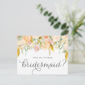 Peach Flowers Gold Foil zal je mijn Bridesmaid zij Uitnodiging Briefkaart (Staand voorkant)