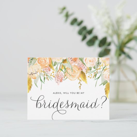 Peach Flowers Gold Foil zal je mijn Bridesmaid zij Uitnodiging Briefkaart (Staand voorkant)