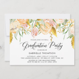 Peach Flowers & Gold Leaves Afstudeerfeest Kaart