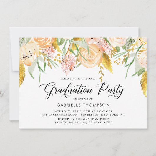 Peach Flowers & Gold Leaves Afstudeerfeest Kaart (Voorkant)