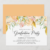 Peach Flowers & Gold Leaves Afstudeerfeest Kaart (Voorkant / Achterkant)