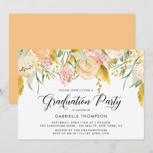 Peach Flowers & Gold Leaves Afstudeerfeest Kaart (Voorkant / Achterkant)
