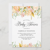 Peach Flowers & Gold Leaves Baby shower Invitation Kaart (Voorkant)