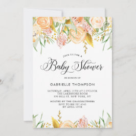 Peach Flowers & Gold Leaves Baby shower Invitation Kaart