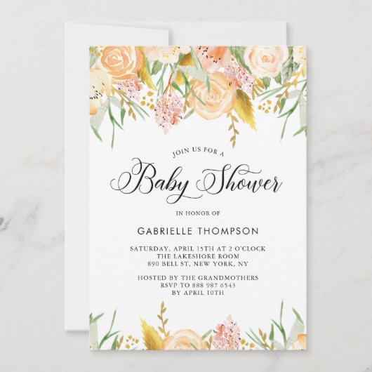 Peach Flowers & Gold Leaves Baby shower Invitation Kaart (Voorkant)