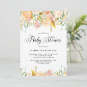 Peach Flowers & Gold Leaves Baby shower Invitation Kaart (Staand voorkant)