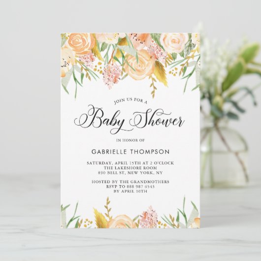 Peach Flowers & Gold Leaves Baby shower Invitation Kaart (Staand voorkant)