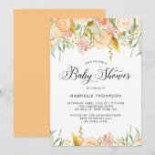Peach Flowers & Gold Leaves Baby shower Invitation Kaart (Voorkant / Achterkant)