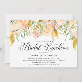 Peach Flowers Gold Leaves Bridal Luncheon Kaart