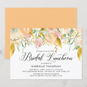 Peach Flowers Gold Leaves Bridal Luncheon Kaart