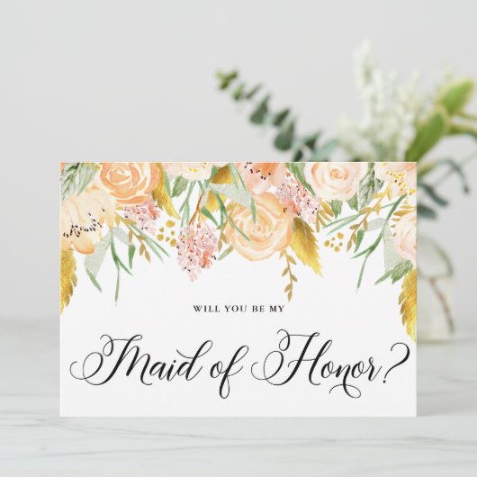 Peach Flowers Gold zal je zijn mijn dienstmeisje Kaart (Staand voorkant)