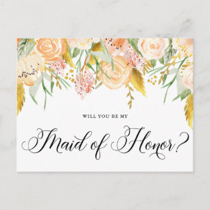 Peach Flowers Gold zal je zijn mijn dienstmeisje Uitnodiging Briefkaart