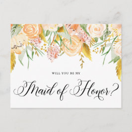 Peach Flowers Gold zal je zijn mijn dienstmeisje Uitnodiging Briefkaart