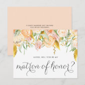Peach Flowers Gold zal je zijn mijn matron van eer Uitnodiging Briefkaart (Voorkant / Achterkant)