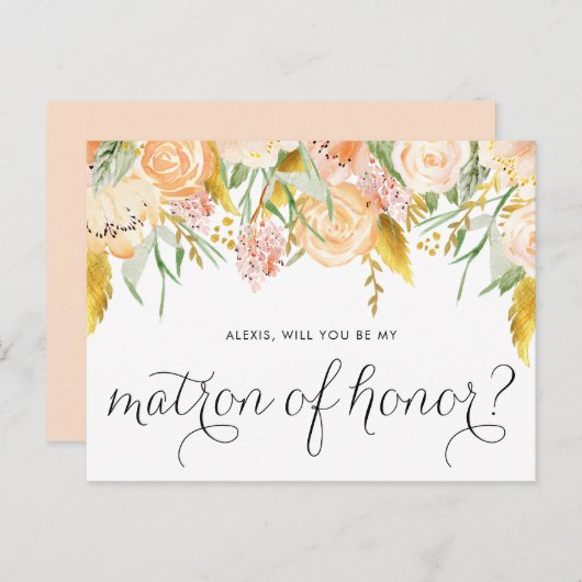 Peach Flowers Gold zal je zijn mijn matron van eer Uitnodiging Briefkaart (Voorkant / Achterkant)