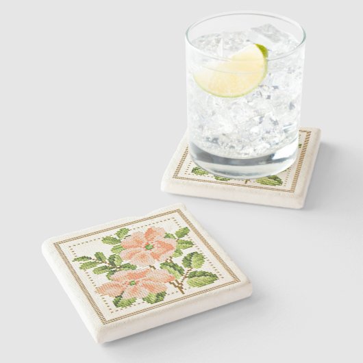Peach Flowers Needlepoint  Style Onderzetter (Zijkant)