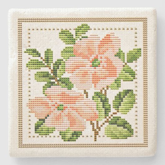Peach Flowers Needlepoint  Style Onderzetter (Voorkant)