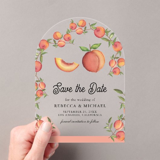 Peach Fruit Arch Wedding Sla de datum op Acryl Uitnodigingen (Insitu (Draagbaar))