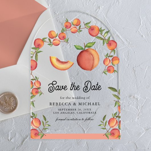 Peach Fruit Arch Wedding Sla de datum op Acryl Uitnodigingen